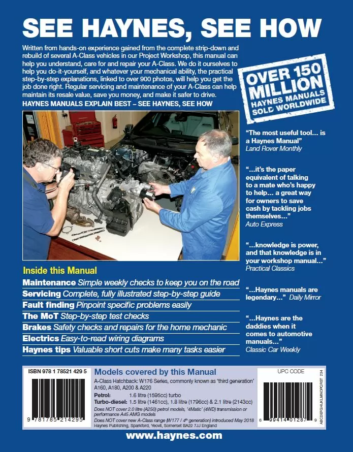 Книга: MERCEDES-BENZ A-CLASS (W176) (б , д) 2012-2018 г.в., рем., экспл., то | Haynes